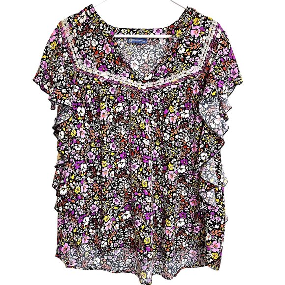 Democracy Split V-Neck Floral Print Blouse Short Flutter Sleeves and Side Sz 2X - Picture 2 of 16